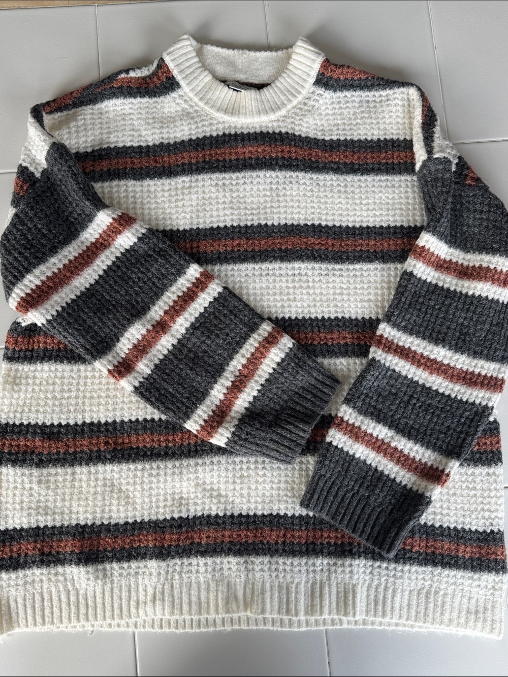 American Eagle Outfitters Striped Crewneck Sweater in Cream, Charcoal & Rust
